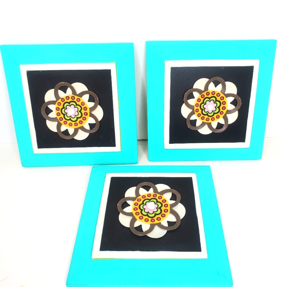 Set of 3 Painted Teal MultiColor Flower Wall Square Art Plaques